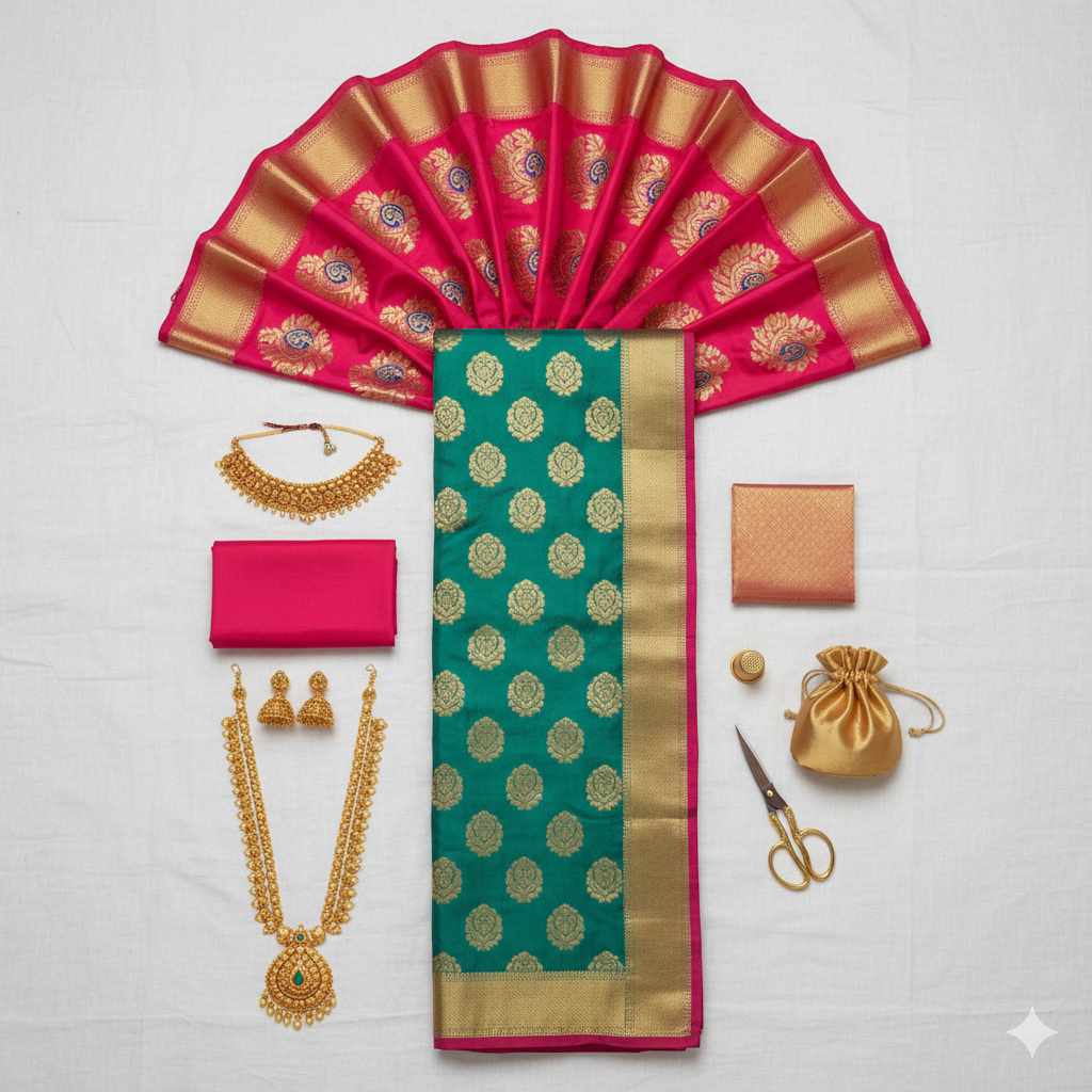 Exquisite Teal Green Silk Saree with Gold Zari Buttas and High-Contrast Rani Pink Border