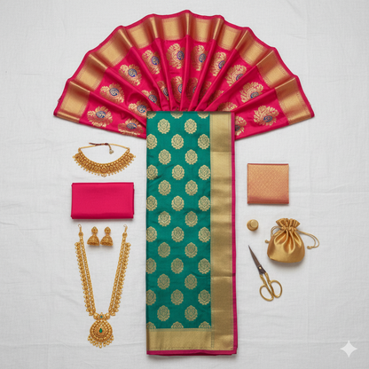 Exquisite Teal Green Silk Saree with Gold Zari Buttas and High-Contrast Rani Pink Border