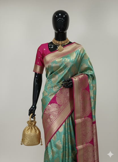 Exquisite Teal Green Silk Saree with Gold Zari Buttas and High-Contrast Rani Pink Border