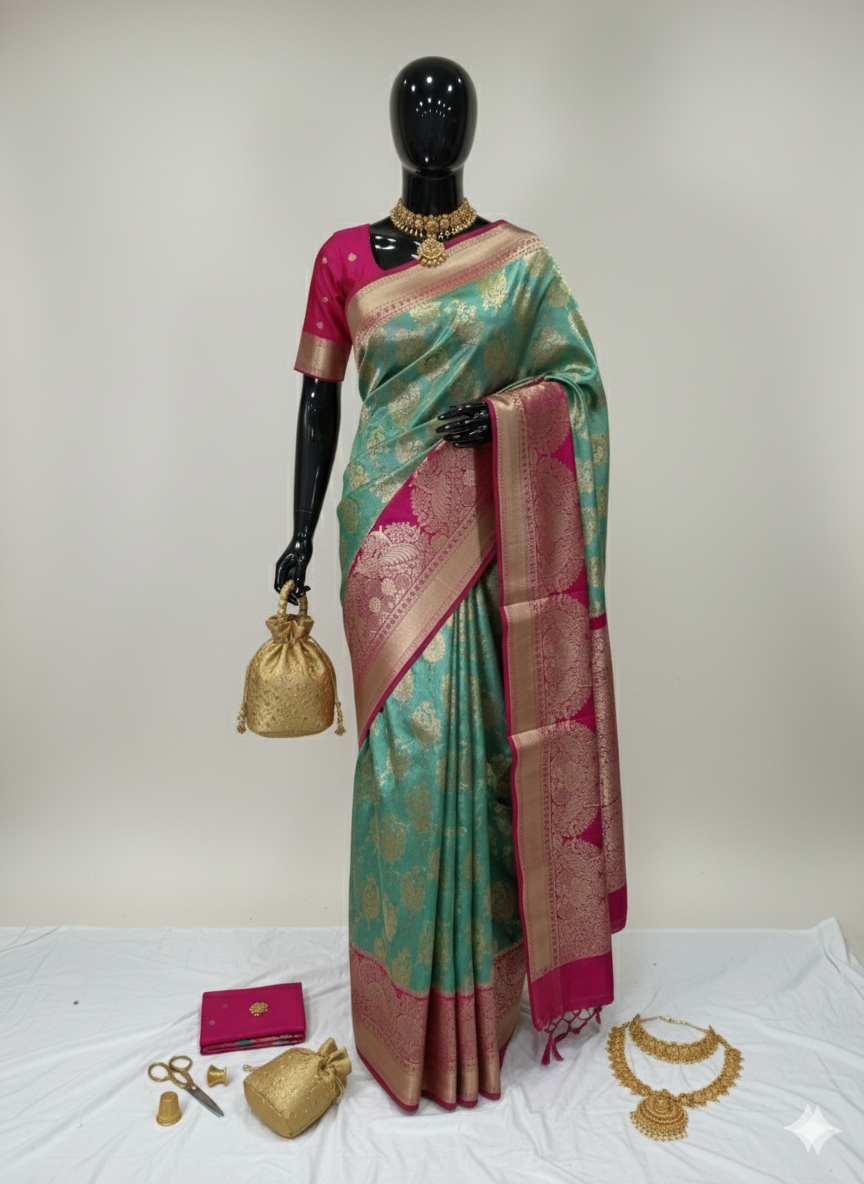 Exquisite Teal Green Silk Saree with Gold Zari Buttas and High-Contrast Rani Pink Border