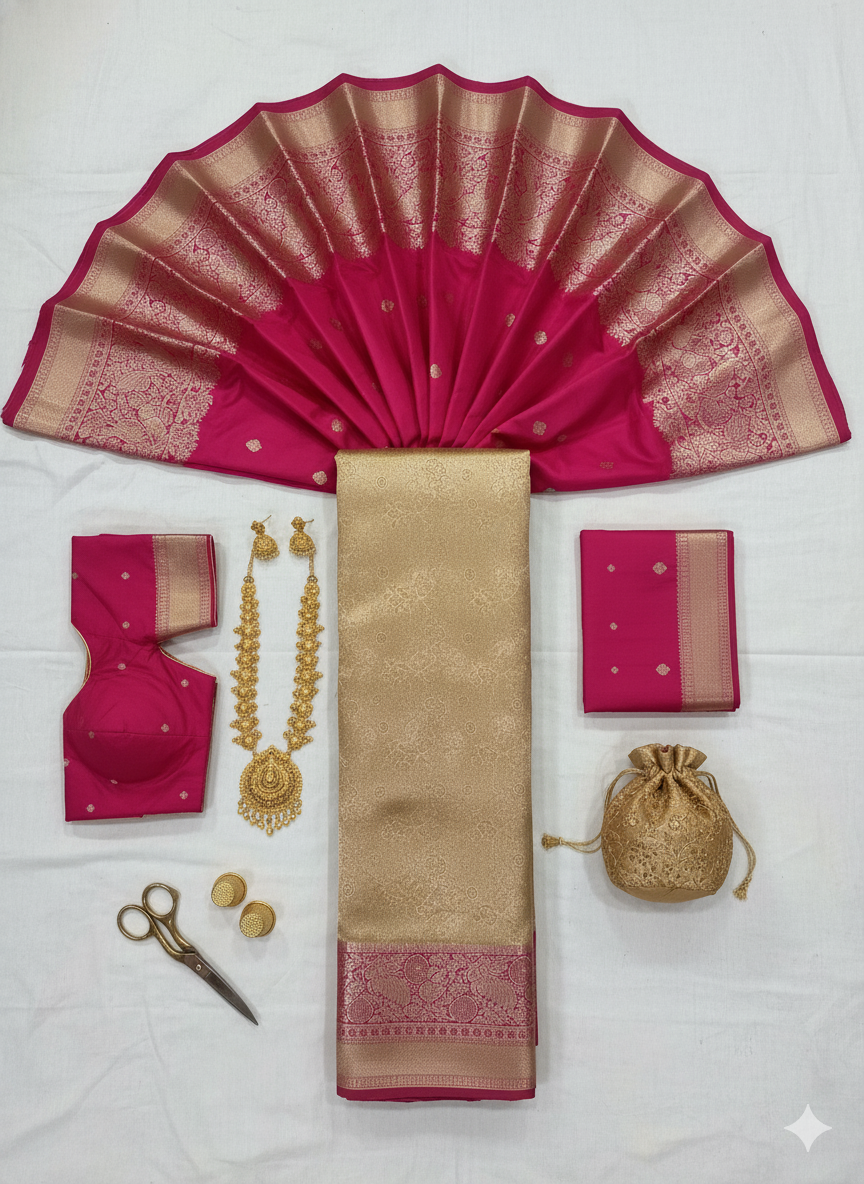 Luxurious Gold Silk Saree with Rani Pink Contrast Border and Rich Zari Weave