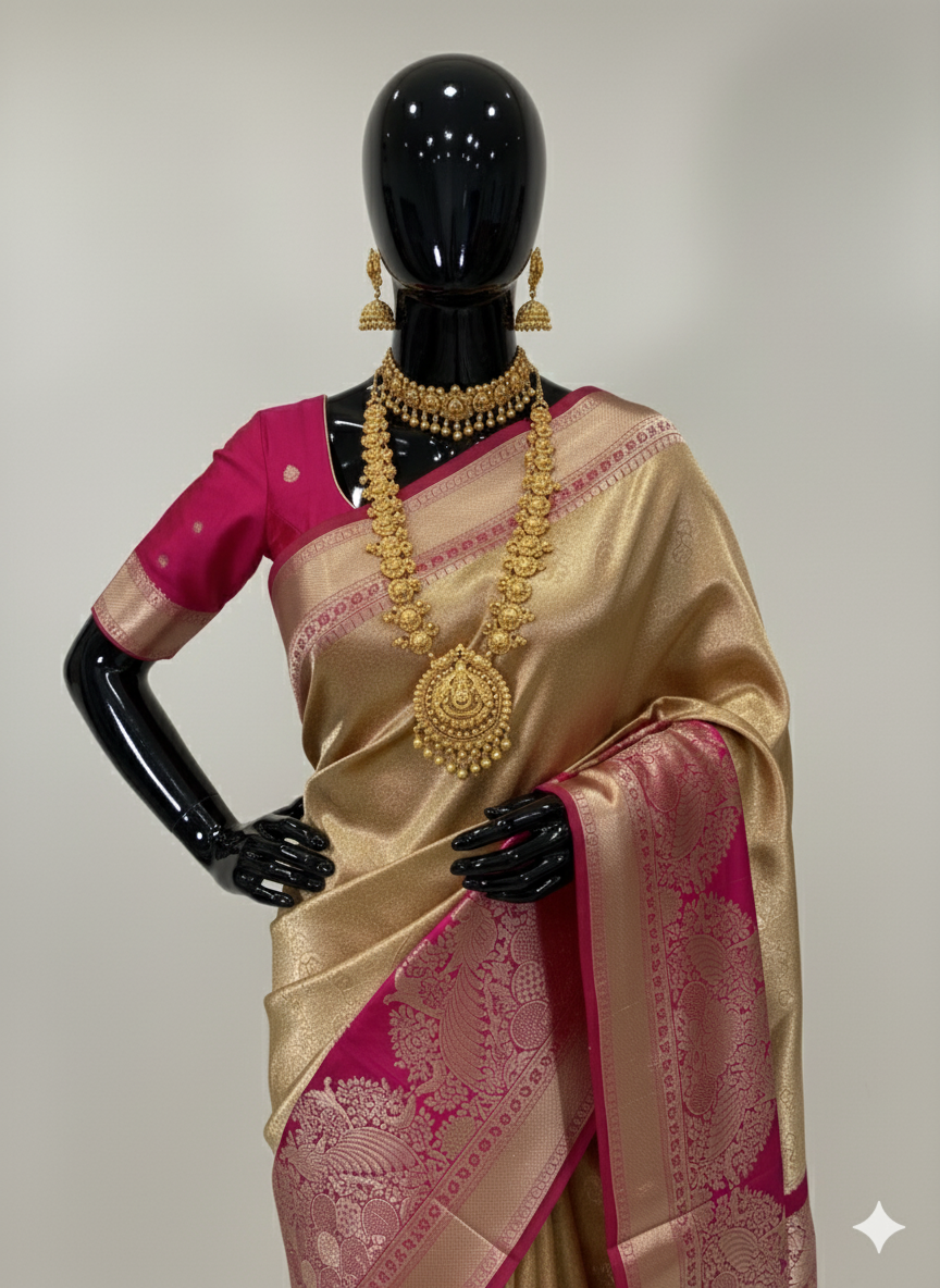 Luxurious Gold Silk Saree with Rani Pink Contrast Border and Rich Zari Weave