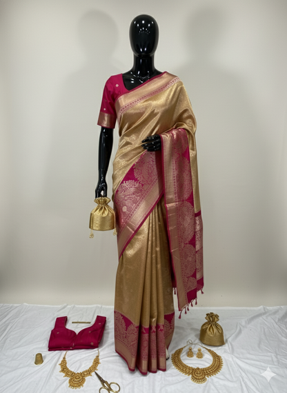 Luxurious Gold Silk Saree with Rani Pink Contrast Border and Rich Zari Weave
