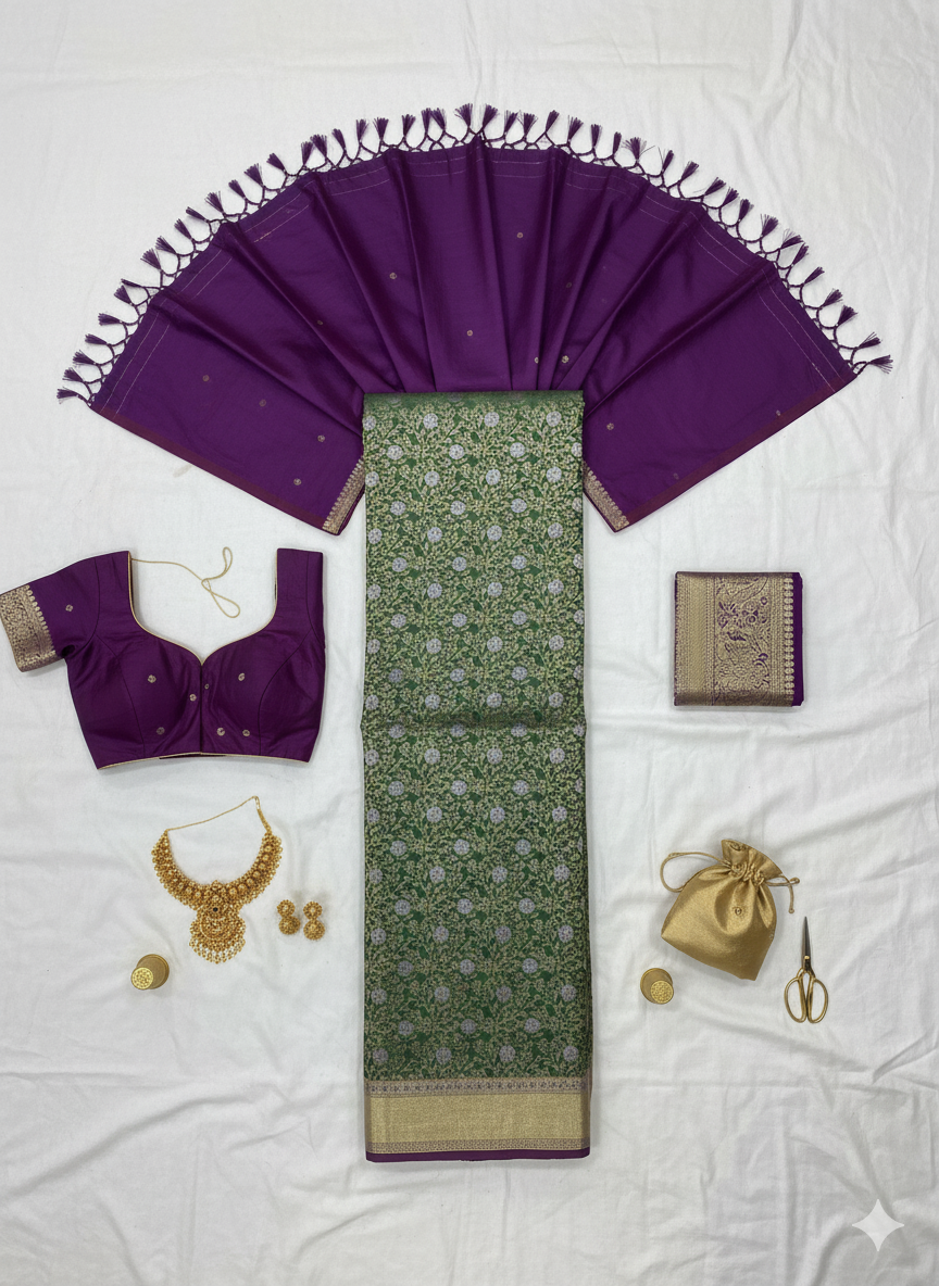 Elegant Moss Green Silk Saree with All-Over Weave and Regal Purple Contrast