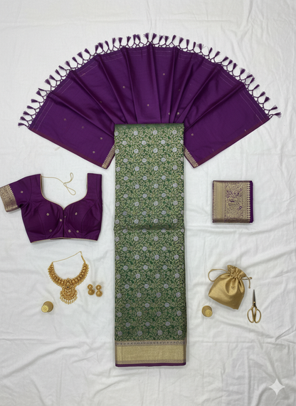 Elegant Moss Green Silk Saree with All-Over Weave and Regal Purple Contrast