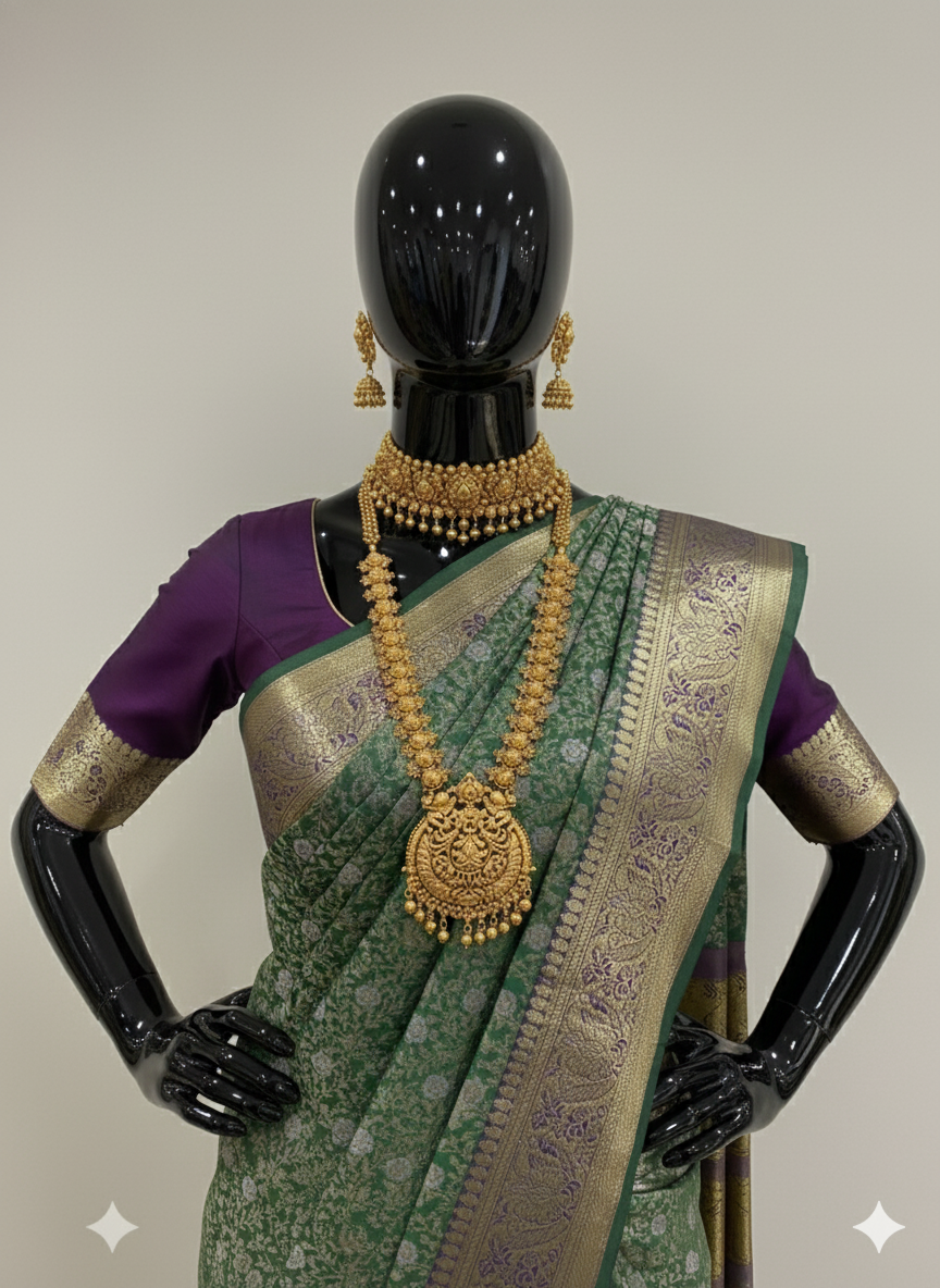 Elegant Moss Green Silk Saree with All-Over Weave and Regal Purple Contrast
