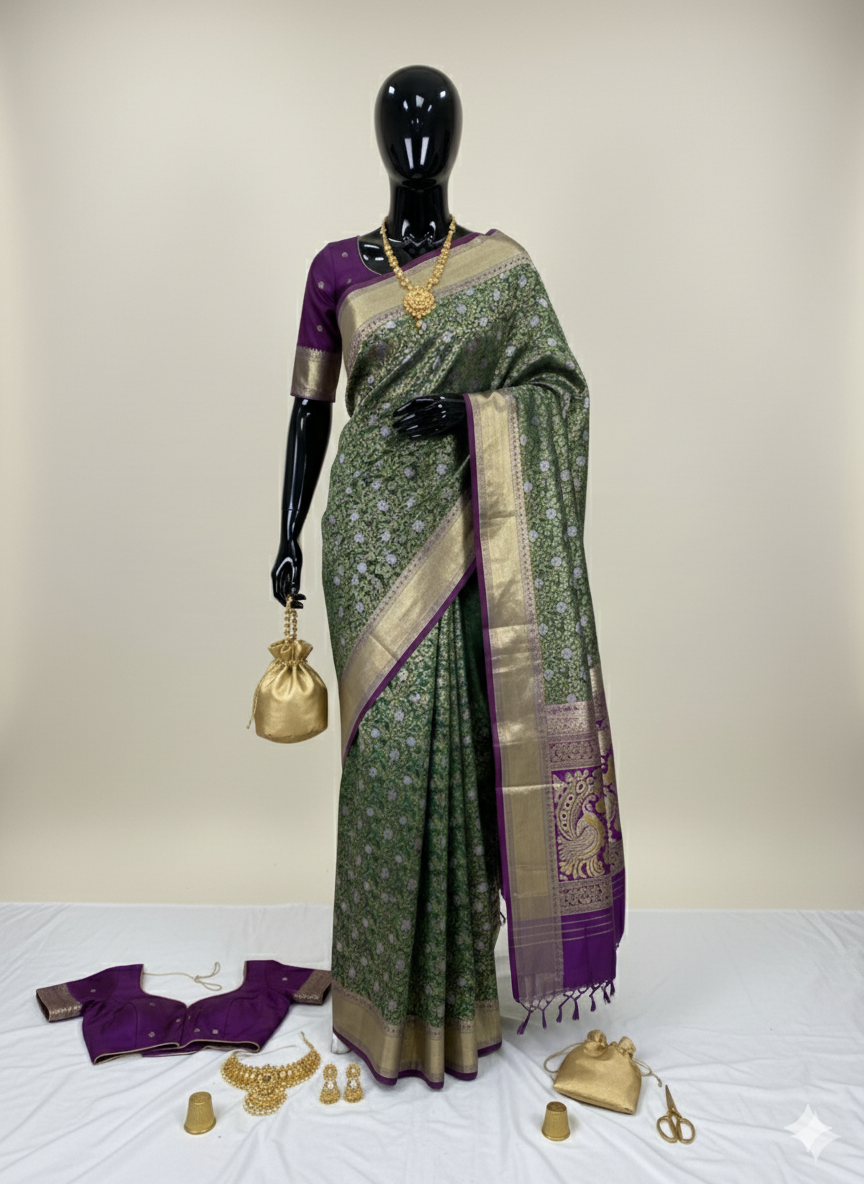Elegant Moss Green Silk Saree with All-Over Weave and Regal Purple Contrast
