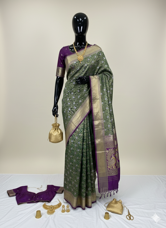 Elegant Moss Green Silk Saree with All-Over Weave and Regal Purple Contrast