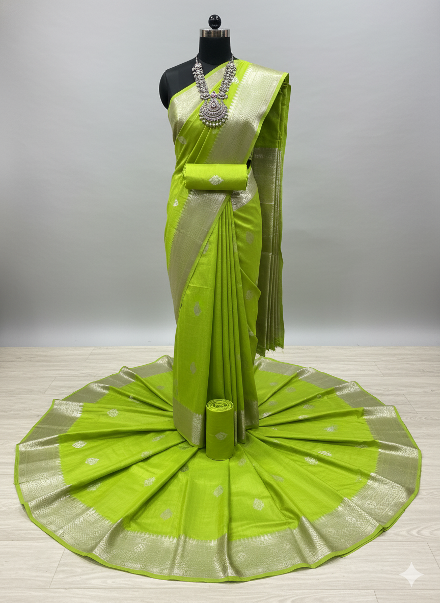 Vibrant Lime Green Saree with Intricate Silver Zari Work