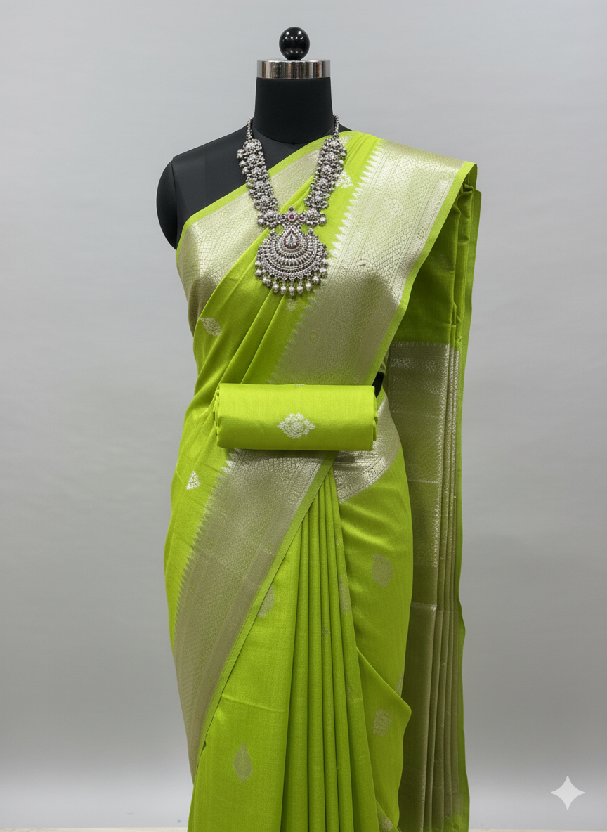 Vibrant Lime Green Saree with Intricate Silver Zari Work
