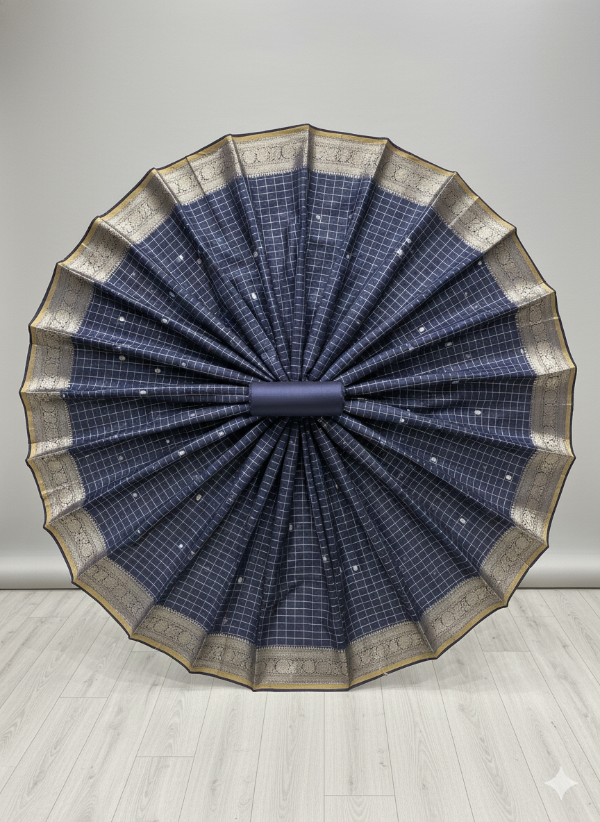 Contemporary Deep Navy/Slate Saree with Checkered Weave and Dual-Tone Zari