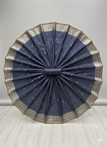 Contemporary Deep Navy/Slate Saree with Checkered Weave and Dual-Tone Zari