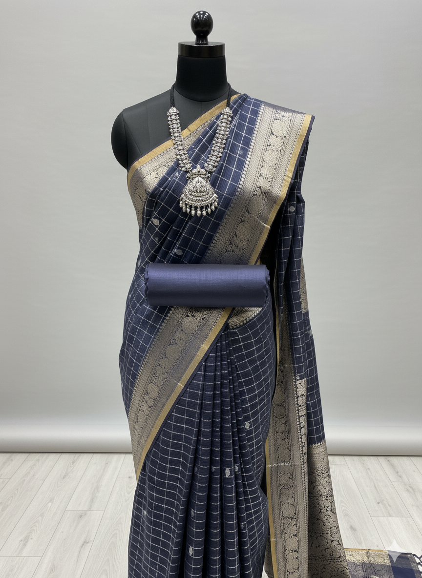 Contemporary Deep Navy/Slate Saree with Checkered Weave and Dual-Tone Zari