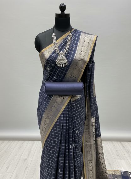 Contemporary Deep Navy/Slate Saree with Checkered Weave and Dual-Tone Zari