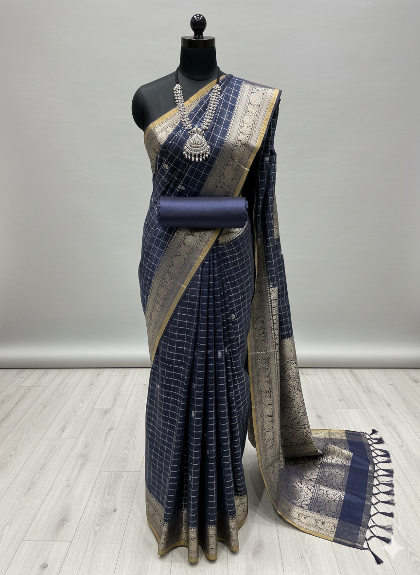 Contemporary Deep Navy/Slate Saree with Checkered Weave and Dual-Tone Zari