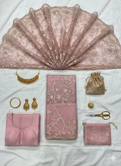 Ethereal Blush Pink Net Saree with Exquisite Gold Thread Embroidery