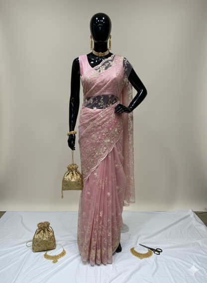 Ethereal Blush Pink Net Saree with Exquisite Gold Thread Embroidery