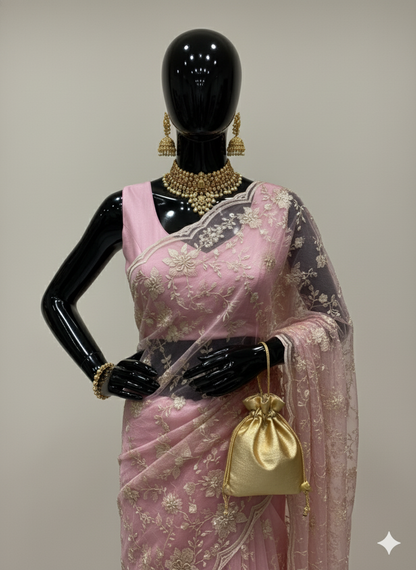 Ethereal Blush Pink Net Saree with Exquisite Gold Thread Embroidery