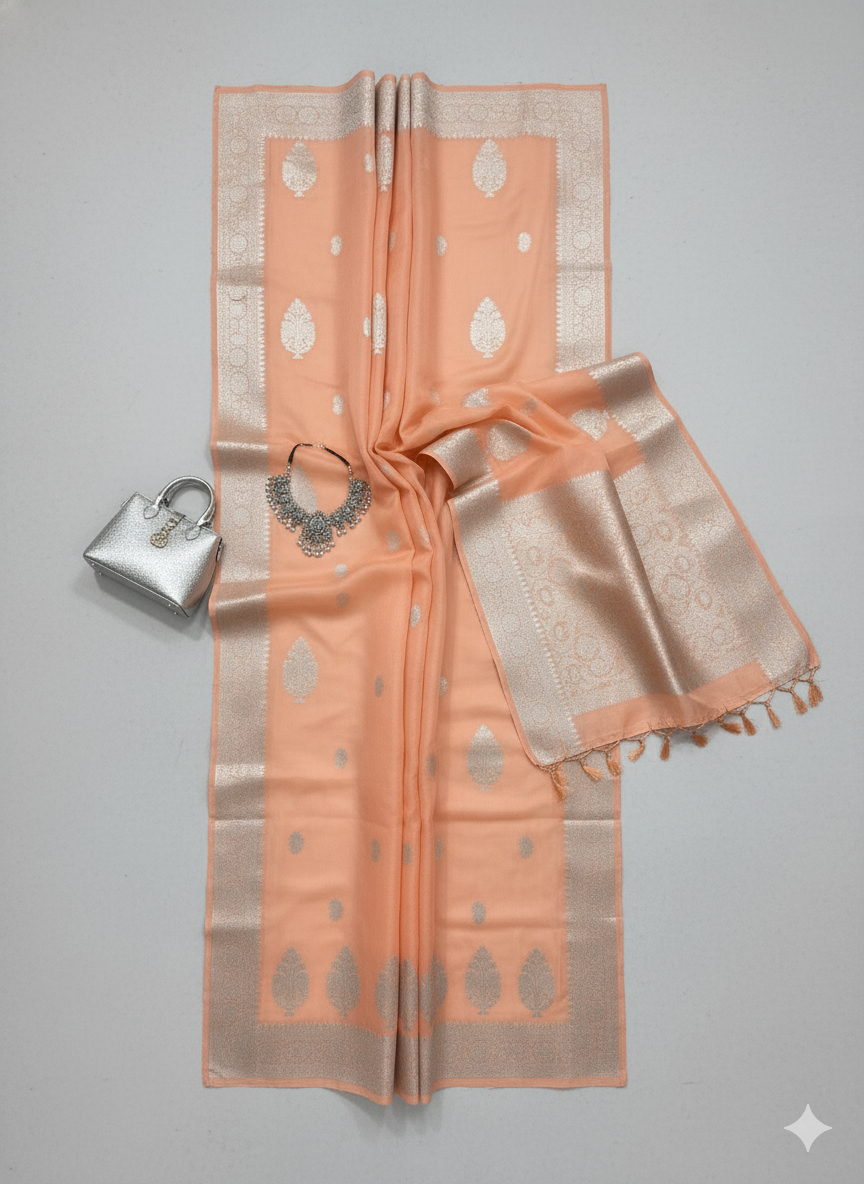 Captivating Light Peach Silk Saree with Silver Zari and Complementary Blouse