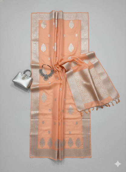 Captivating Light Peach Silk Saree with Silver Zari and Complementary Blouse