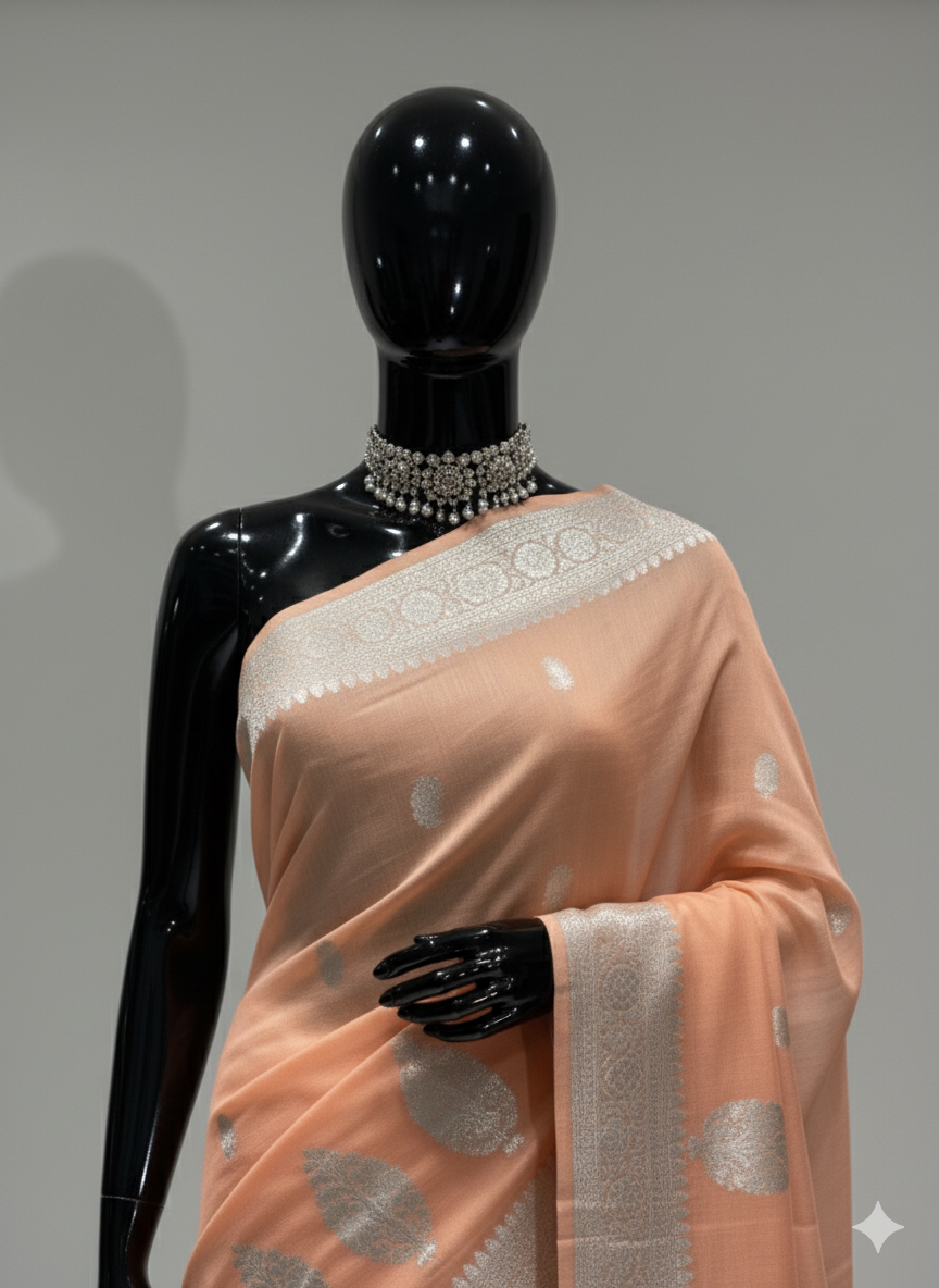 Captivating Light Peach Silk Saree with Silver Zari and Complementary Blouse