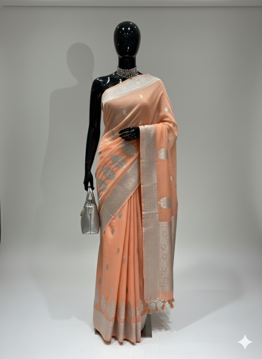 Captivating Light Peach Silk Saree with Silver Zari and Complementary Blouse