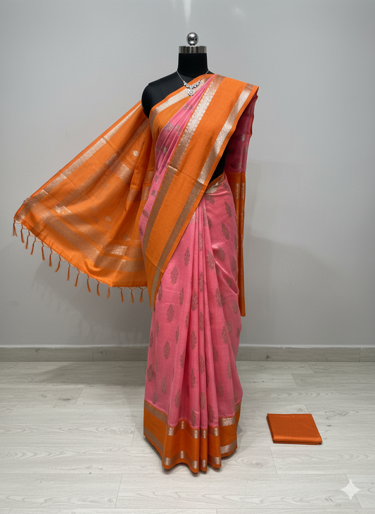 Charming Peach-Pink Saree with Vibrant Orange Contrast and Gold Zari