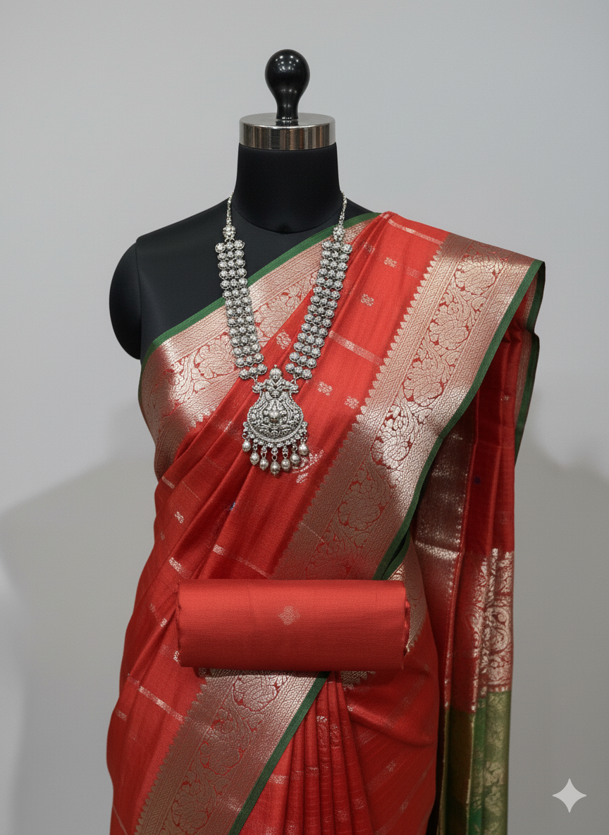 Vibrant Brick Red Saree with Checkered Weave, Silver Zari, and Green Contrast