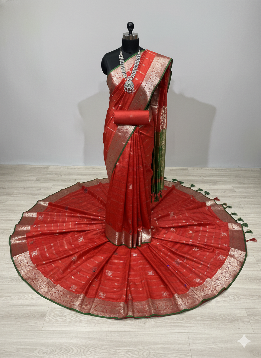 Vibrant Brick Red Saree with Checkered Weave, Silver Zari, and Green Contrast