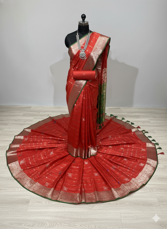 Vibrant Brick Red Saree with Checkered Weave, Silver Zari, and Green Contrast