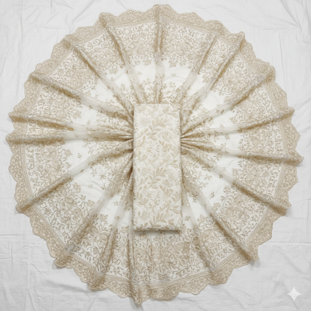 Ethereal Pearl White Net Saree with Exquisite Threadwork Embroidery