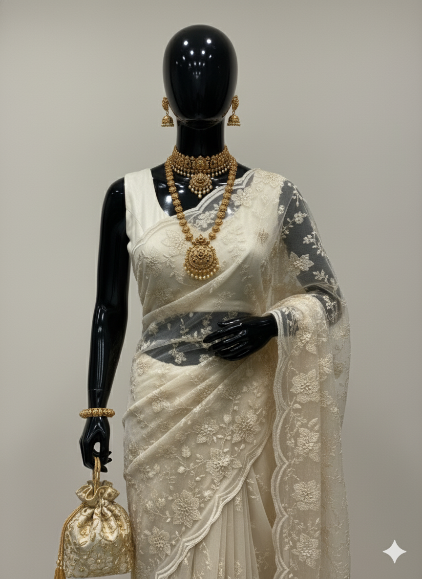 Ethereal Pearl White Net Saree with Exquisite Threadwork Embroidery
