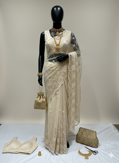 Ethereal Pearl White Net Saree with Exquisite Threadwork Embroidery