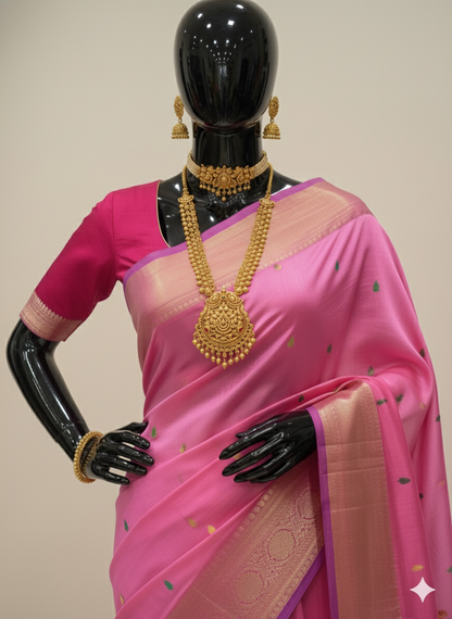 Elegant Light Pink Silk Saree with Delicate Motifs and Gold Zari Border