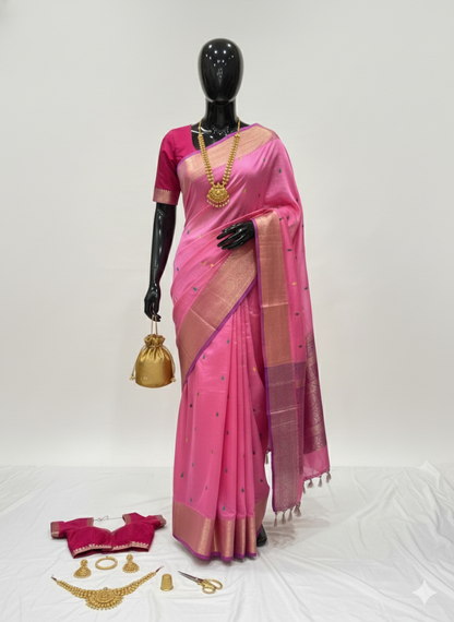 Elegant Light Pink Silk Saree with Delicate Motifs and Gold Zari Border