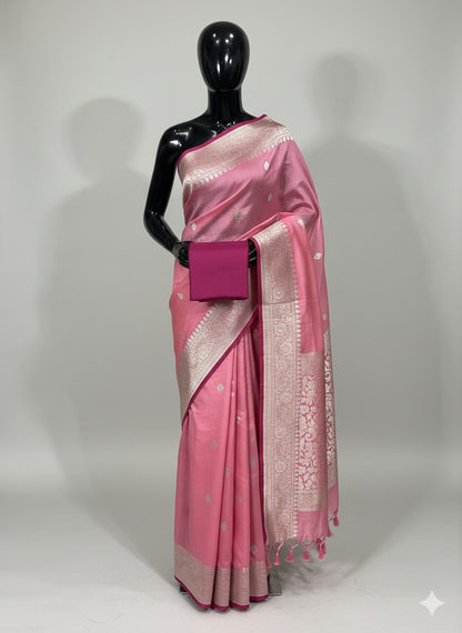 Ethereal Pastel Pink Silk Saree with Elegant Silver Zari and Magenta Contrast