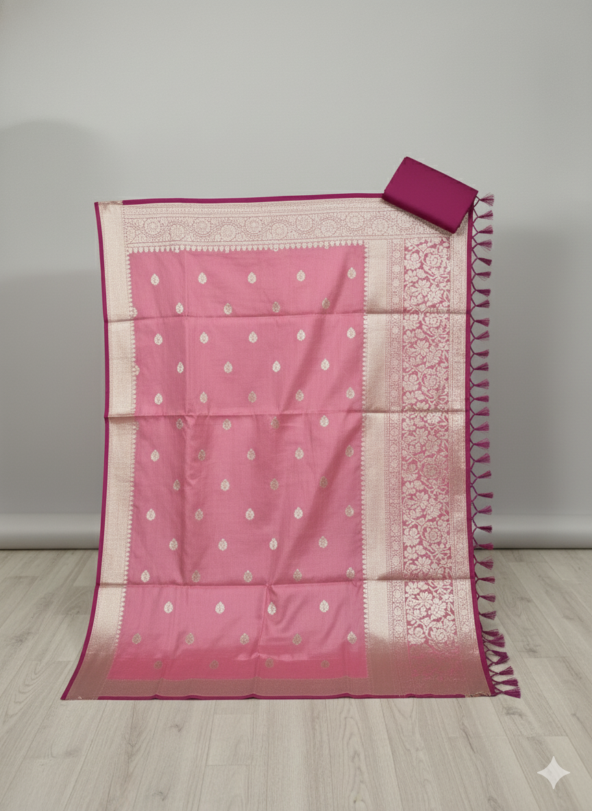 Ethereal Pastel Pink Silk Saree with Elegant Silver Zari and Magenta Contrast