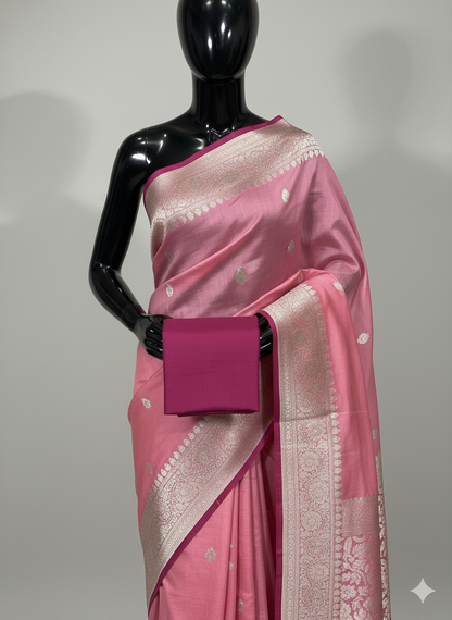 Ethereal Pastel Pink Silk Saree with Elegant Silver Zari and Magenta Contrast