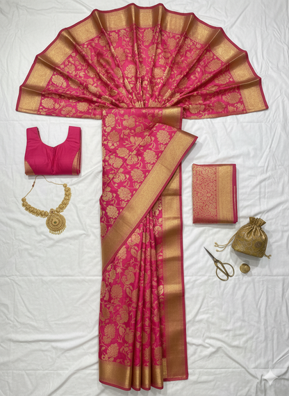 Luxurious Rani Pink Silk Saree with All-Over Gold Zari Floral Weave