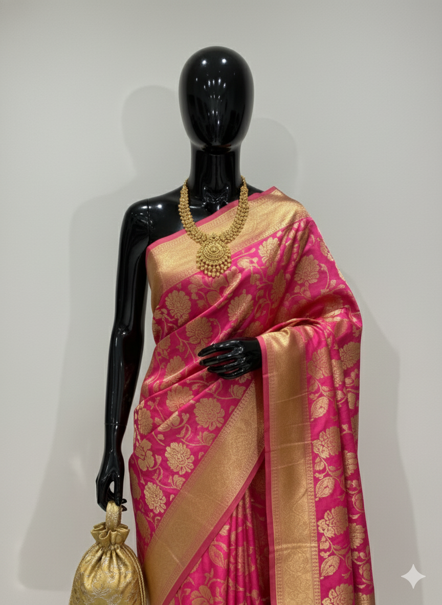 Luxurious Rani Pink Silk Saree with All-Over Gold Zari Floral Weave