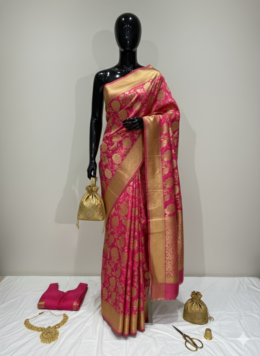 Luxurious Rani Pink Silk Saree with All-Over Gold Zari Floral Weave