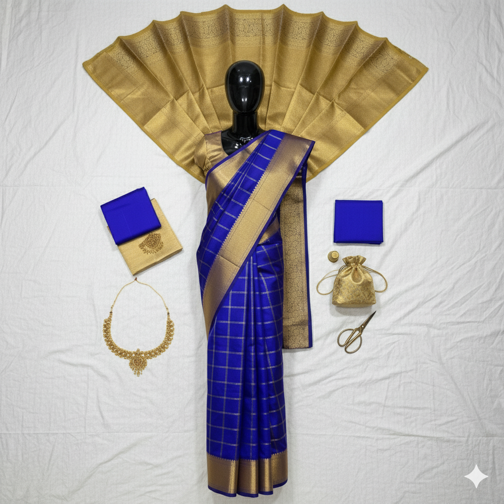 Majestic Royal Blue Silk Saree with Gold Checkered Weave and Rich Zari Border