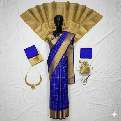 Majestic Royal Blue Silk Saree with Gold Checkered Weave and Rich Zari Border