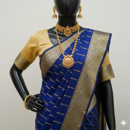 Majestic Royal Blue Silk Saree with Gold Checkered Weave and Rich Zari Border