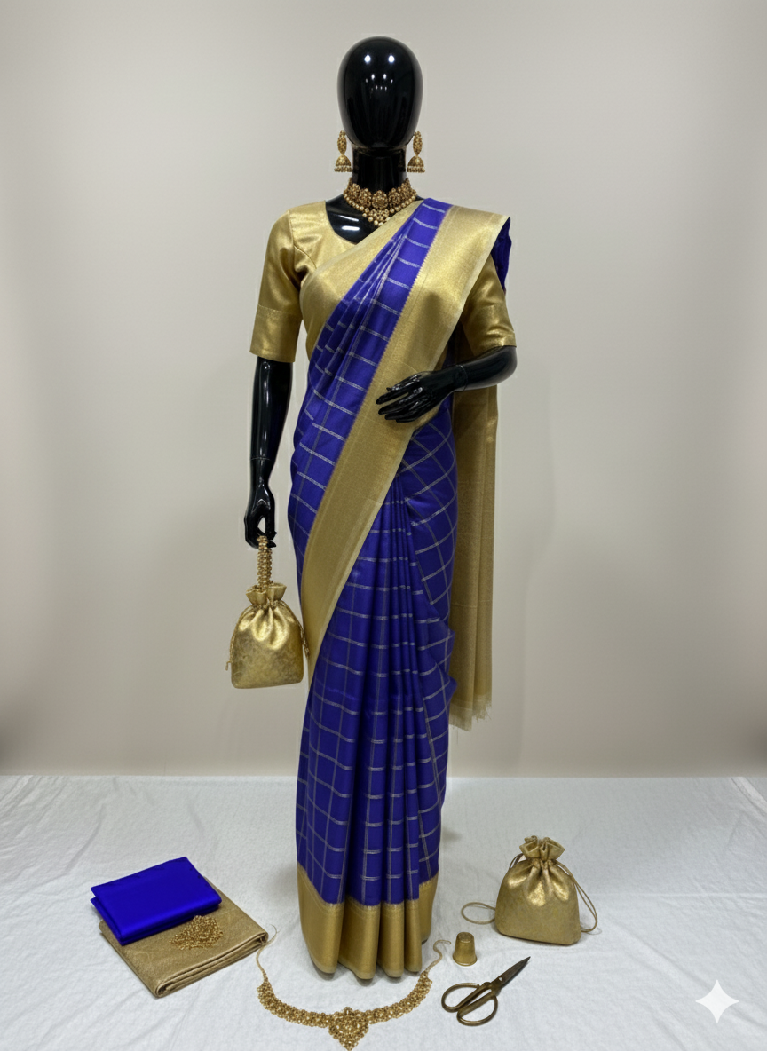Majestic Royal Blue Silk Saree with Gold Checkered Weave and Rich Zari Border