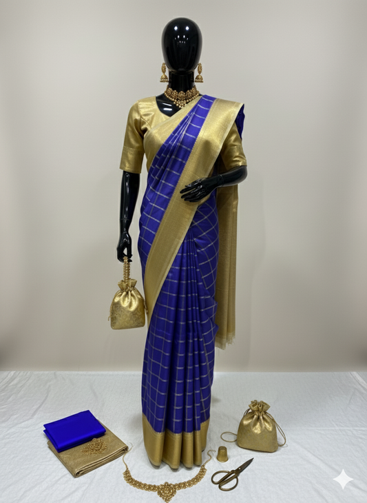 Majestic Royal Blue Silk Saree with Gold Checkered Weave and Rich Zari Border