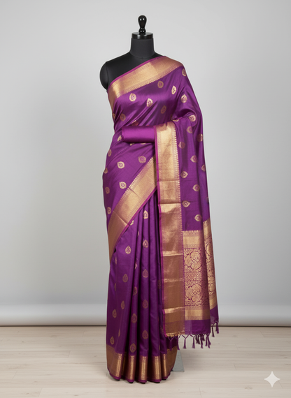 Regal Deep Purple Silk Saree with Traditional Gold Zari Work