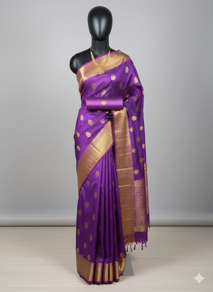 Regal Deep Purple Silk Saree with Traditional Gold Zari Work