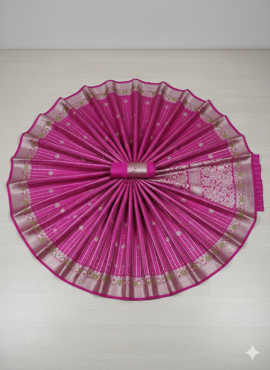 Dazzling Hot Pink Saree with All-Over Zari Stripes and Silver/Gold Contrast Border