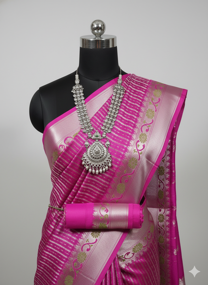 Dazzling Hot Pink Saree with All-Over Zari Stripes and Silver/Gold Contrast Border